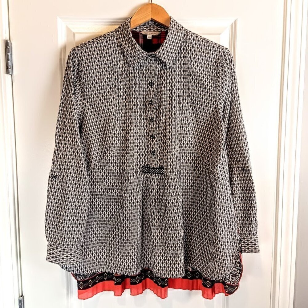John Mark Black White Check Ribbed Back Boho Tunic Top